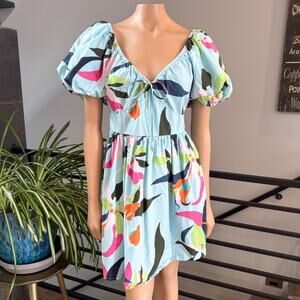A New Day Summer Smocked Floral Puff Sleeve Mini Dress Boho Tropical - Medium